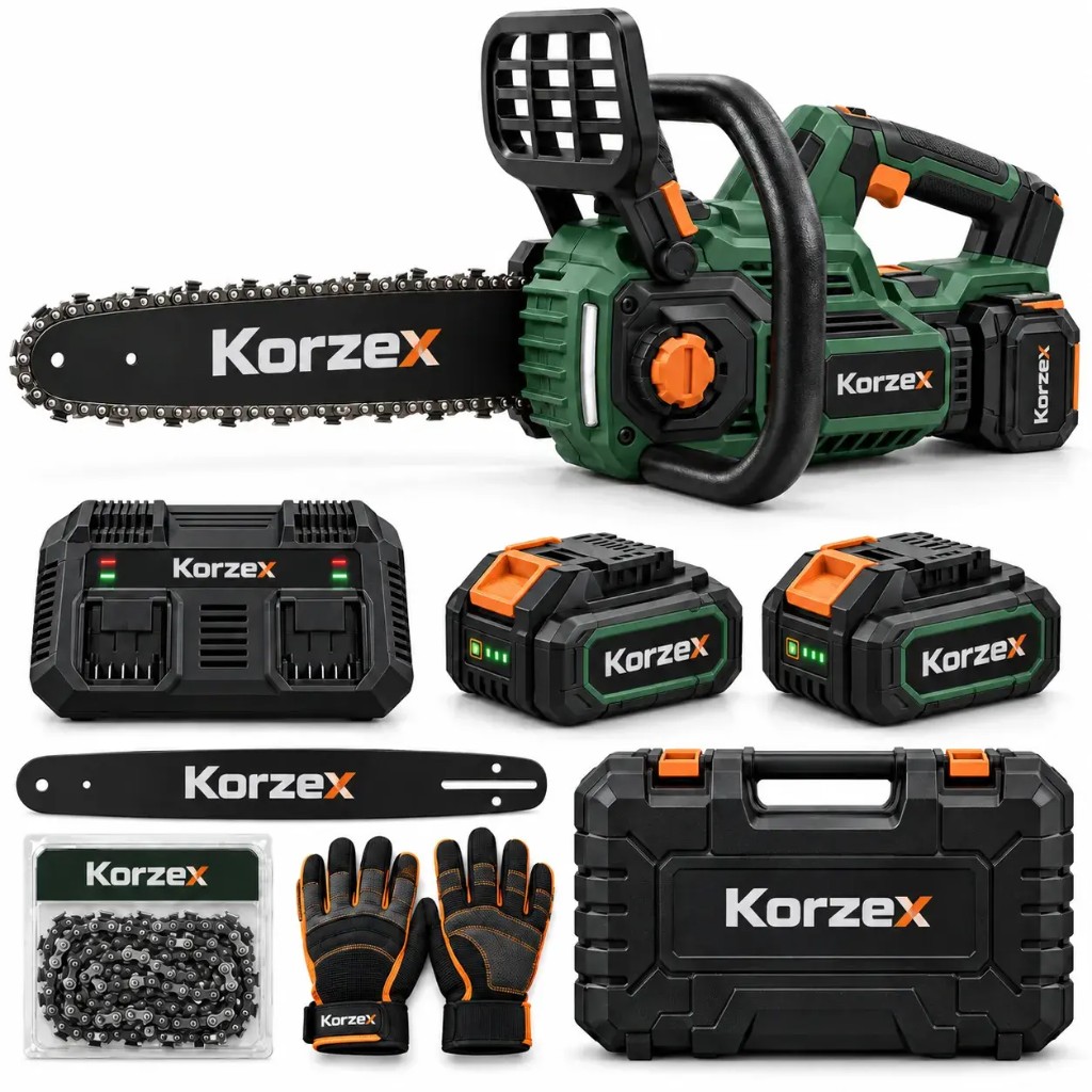 Kit completo Korzex con motosega, doppia batteria 48V, caricatore e accessori
