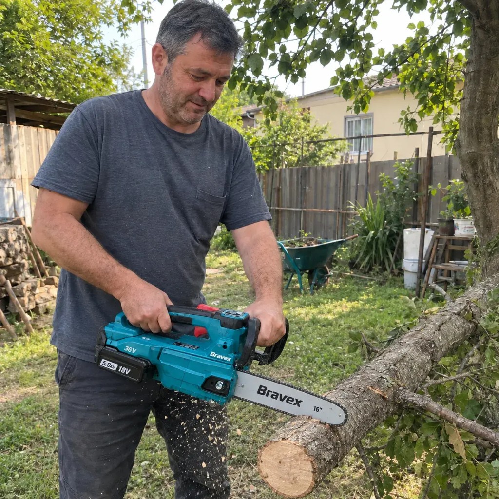 Cliente Bravex che taglia un tronco in giardino con motosega a batteria
